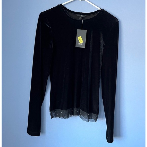 Bcbgmaxazria Long Sleeve Black Beaded Velvet Top Large Embellished Chiffon Hem - Picture 1 of 3